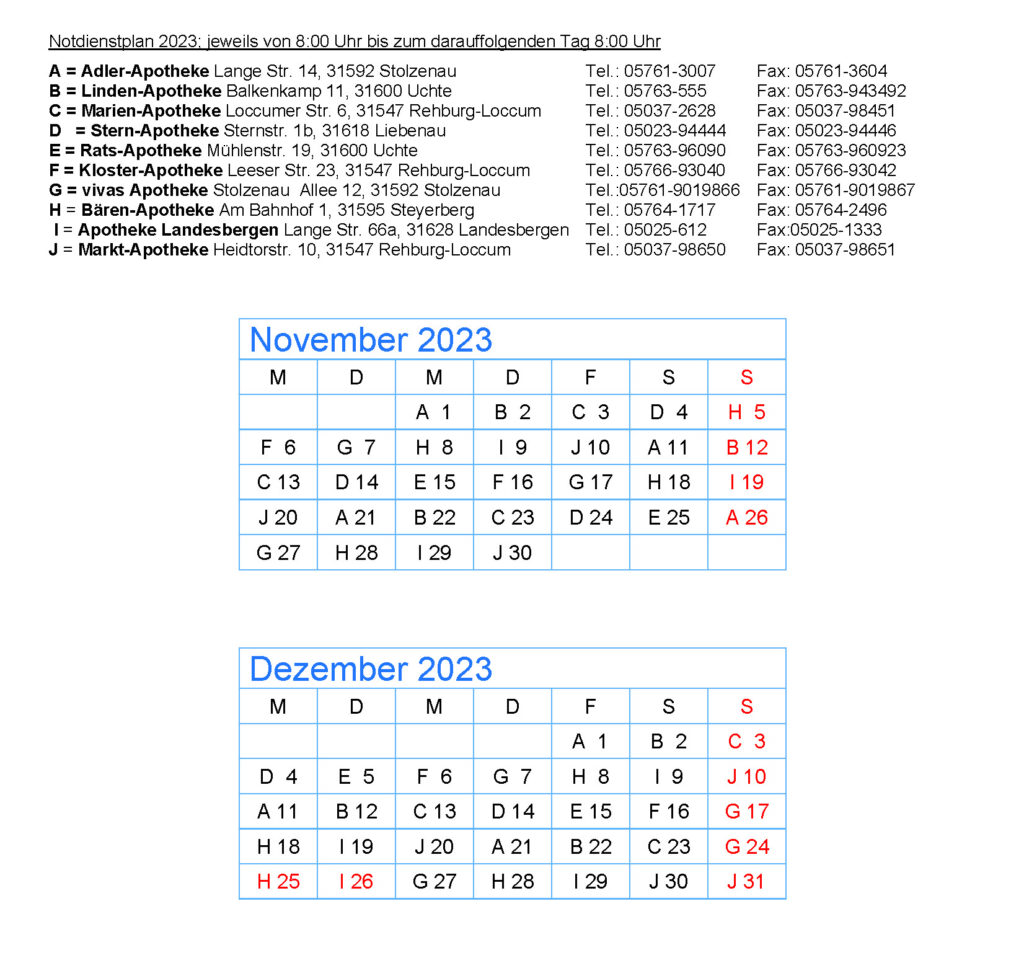 Notdienstplan für Uchte und Umgebung November und Dezember