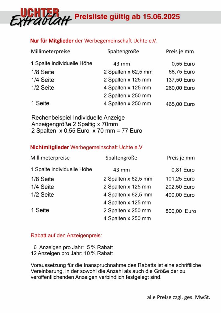 Preisliste Uchter Extrablatt gueltig ab 15 Juni 2025